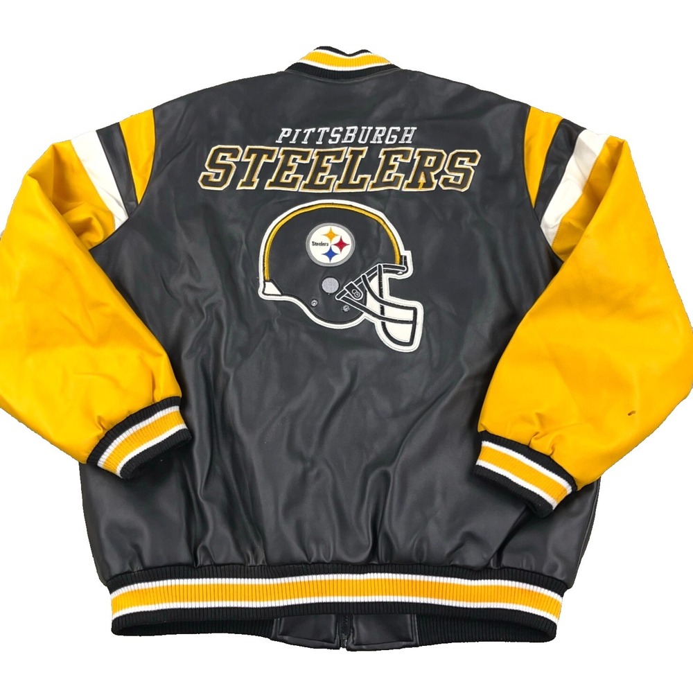 Vintage Pittsburgh Steelers Jacket Mens Large Faux Leather Bomber Coat NFL Adult